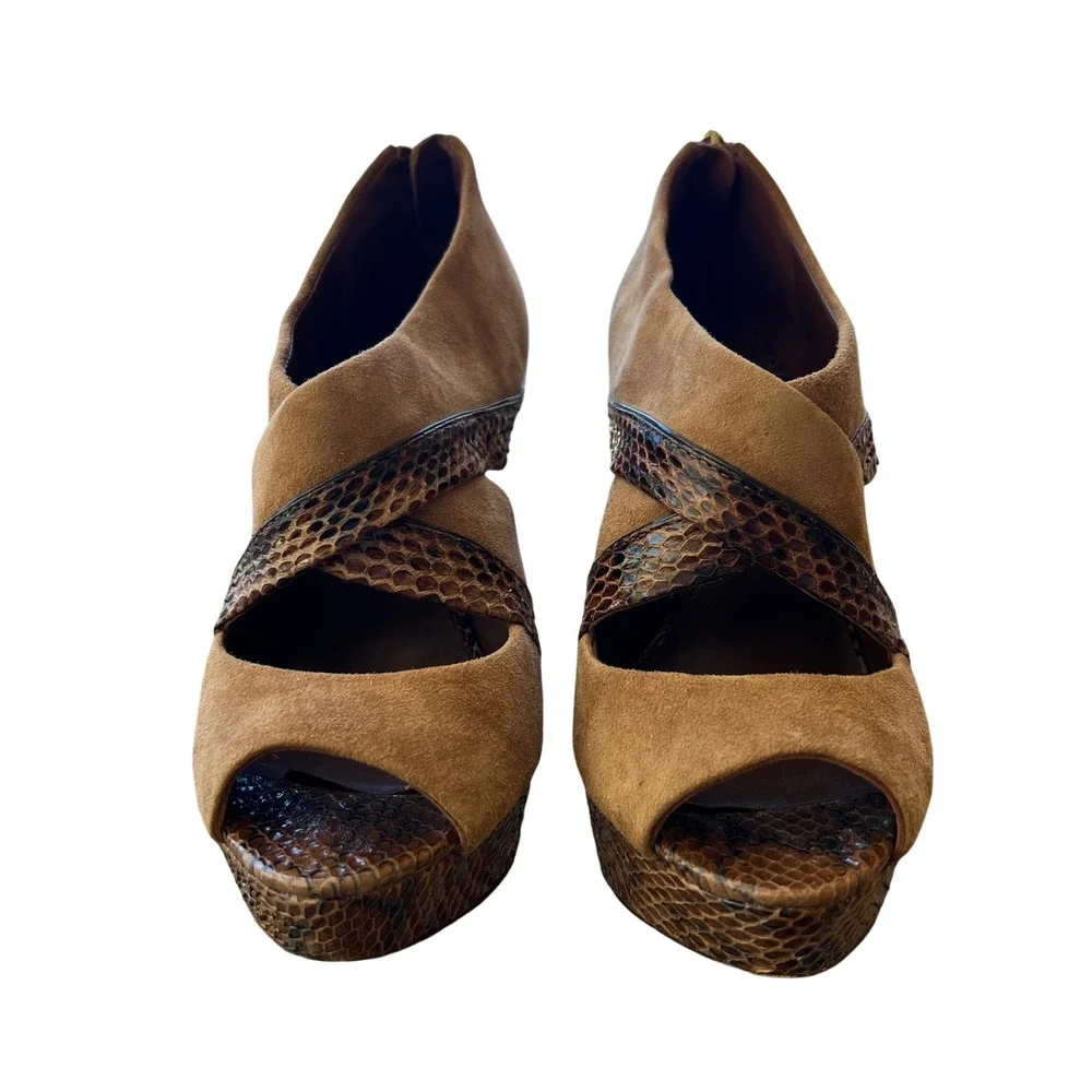 Tory Burch Suede Snakeskin Platform‎ Heels Peep Toe Sandals 7.5M Brown MSRP $425